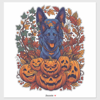 Pegatina Calabazas de Halloween Pitbull Azul Hojas de Otoño