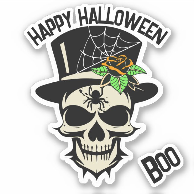 Pegatina Calavera asustada en sombrero superior con araña y (Anverso)