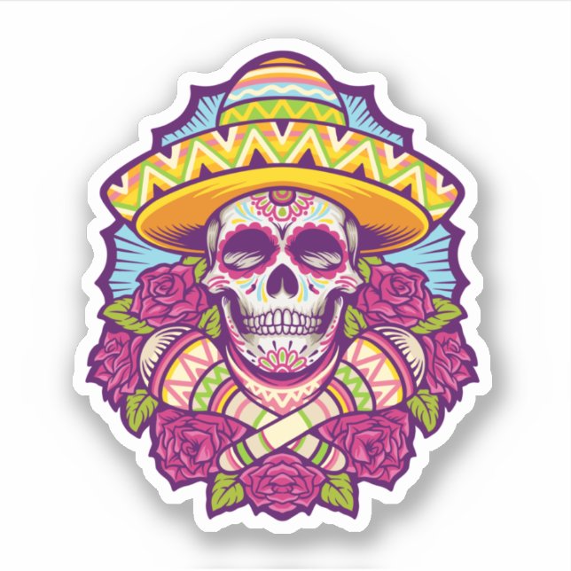 Pegatina Calavera de azúcar con Sombrero | Dia De Los Muert (Anverso)