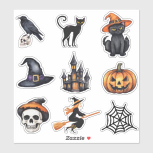 Pegatina Calavera de Halloween, gato, bruja, cuervo, casa e