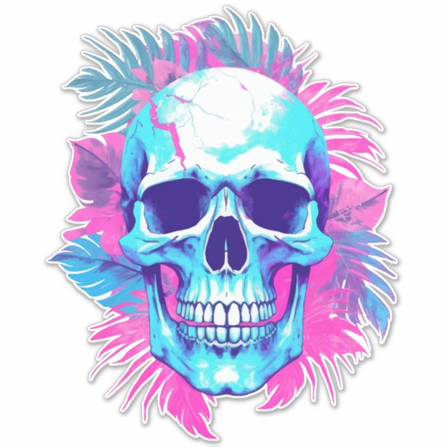 Pegatina Calavera floral al estilo de la onda de vapor (Anverso)