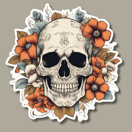 Pegatina Calavera gótica con flores impermeable