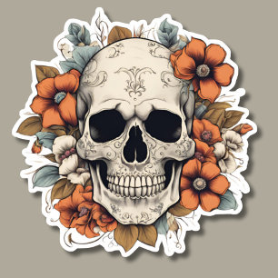 Pegatina Calavera gótica con flores impermeable