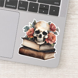Pegatina Calavera gótica con libros y flores impermeables