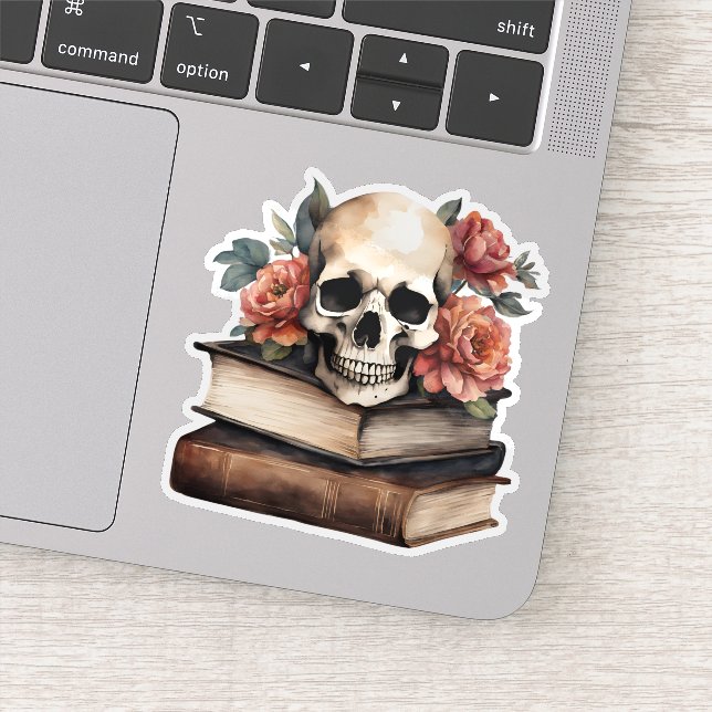 Pegatina Calavera gótica con libros y flores impermeables (Detalle)