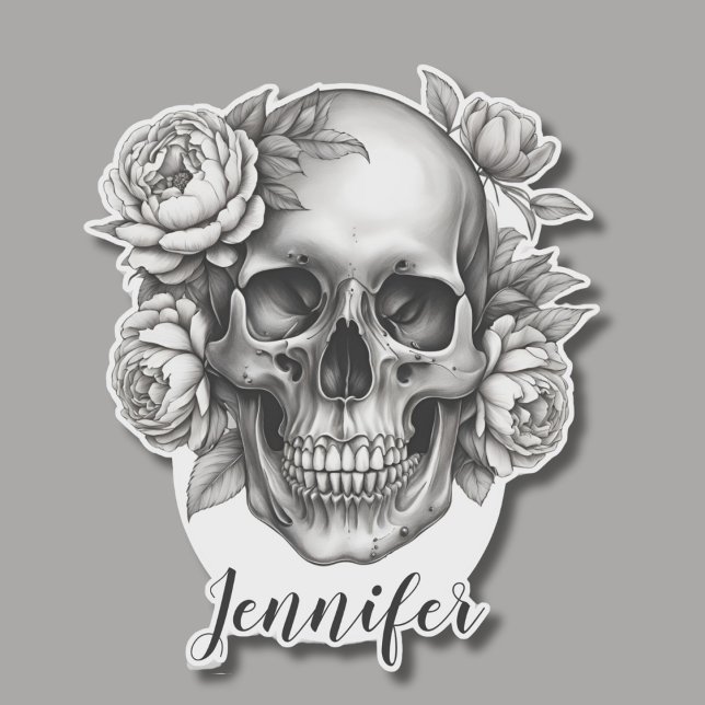 Pegatina Calavera gótica con peonies Monograma impermeable (Subido por el creador)