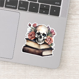 Pegatina Calavera Gótica con Rosas y Libros Impermeable 
