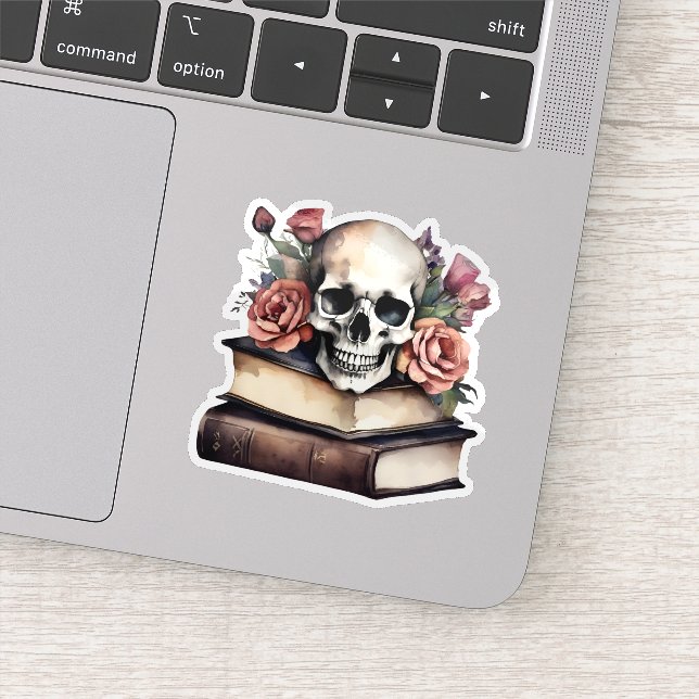 Pegatina Calavera Gótica con Rosas y Libros Impermeable  (Detalle)