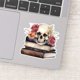 Pegatina Calavera Gótica sobre Libros Antiguos Impermeable 