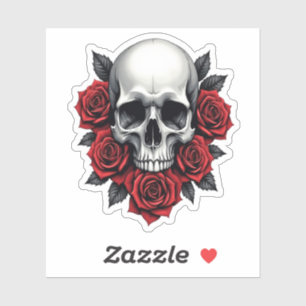Pegatina Calavera gótica y rosas rojas oscuras