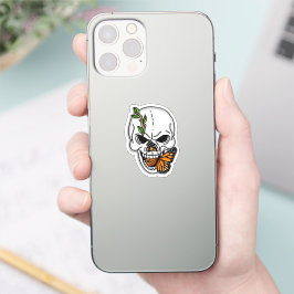 Pegatina Calavera negra y blanca con mariposa monarca