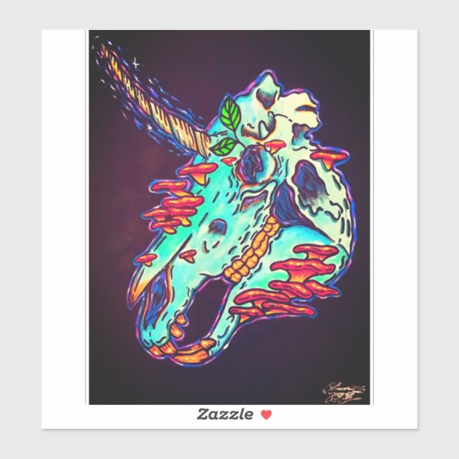 Pegatina Calavera unicornia pintada a mano (Hoja)