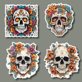 Pegatina Calaveras góticas con flores puestas