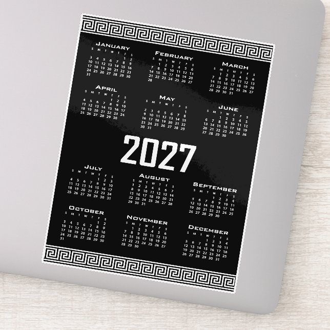 Pegatina Calendario 2027, Falso Griego, Blanco sobre Negro (Detalle)