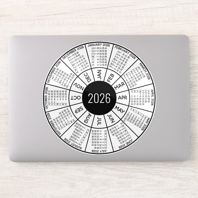 Pegatina Calendario del círculo 2026 - Blanco negro moderno (Ordenador)