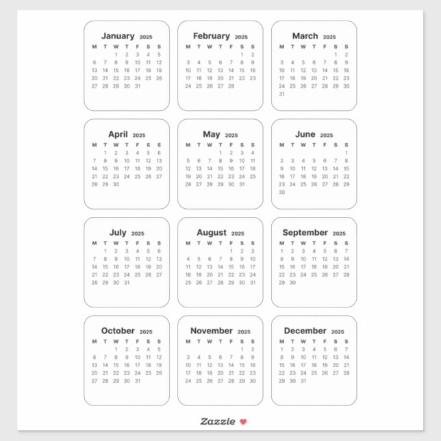 Pegatina Calendario Minimalista simple 2025 Mensual (Hoja)