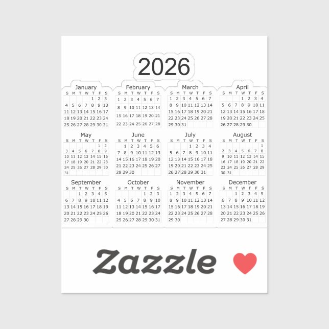 Pegatina Calendario minimalista simple 2026 (Hoja)
