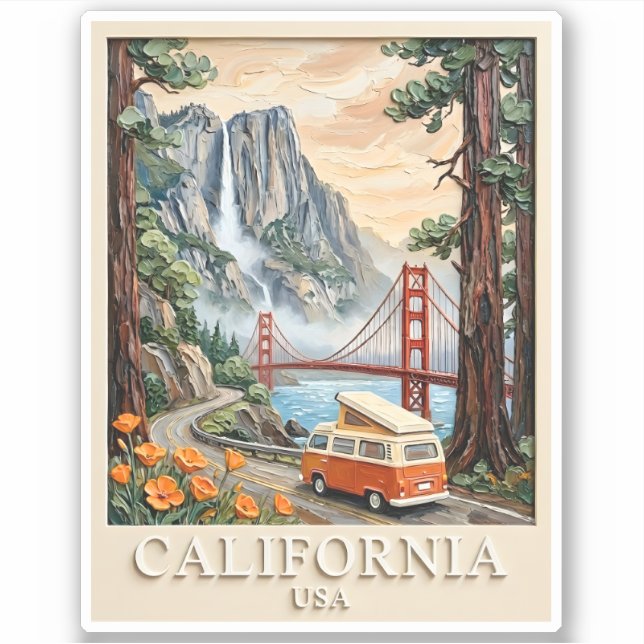 Pegatina California Road Trip Vintage 3D Textured Landscape (Anverso)