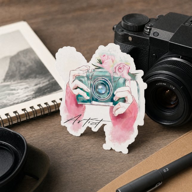 Pegatina Cámara de acuarela con flores rosadas Sticker (Watercolor Camera With Pink Flowers Sticker)