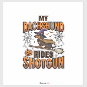 Pegatina Camiseta Dachshund Bruja de Halloween con Escoba e