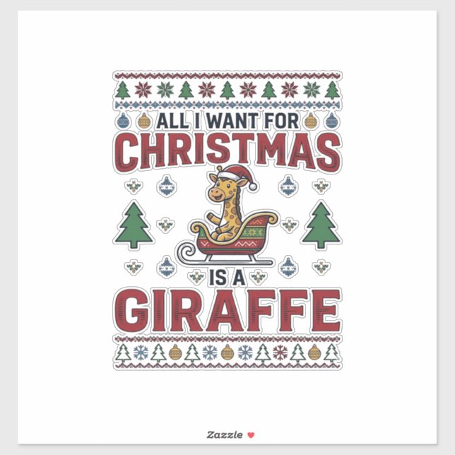 Pegatina Camiseta divertida de Navidad Jirafa Trineo (Hoja)