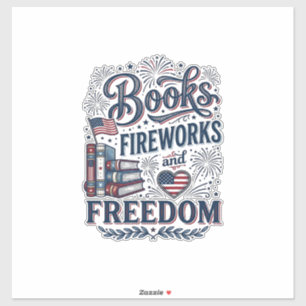 Pegatina Camiseta Lector Patriótico Libros Fuegos Artificia