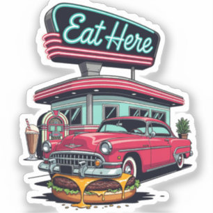 Pegatina Camiseta Retro Diner Eat Here Classic Car Burger