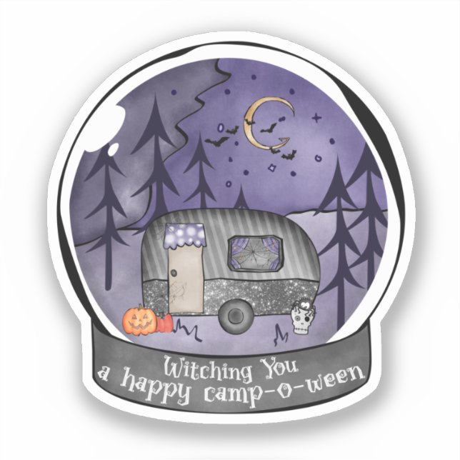 Pegatina Camper de Halloween en bola de nieve (Anverso)