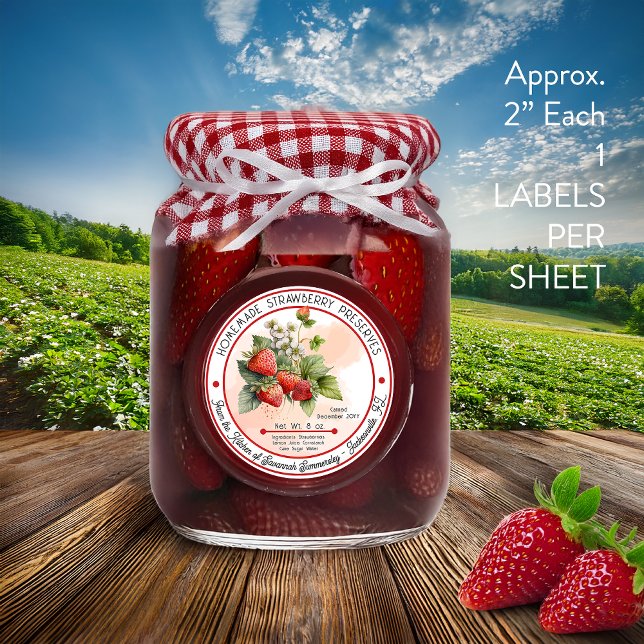 Pegatina Cañón de fresa casero (Homemade Strawberry Preserves Canning Vinyl Label -- 1 Tiny "2 Inch Sticker Per Sheet)