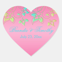 Pegatina cardíaco rosa, verde y acuático de 1,5"