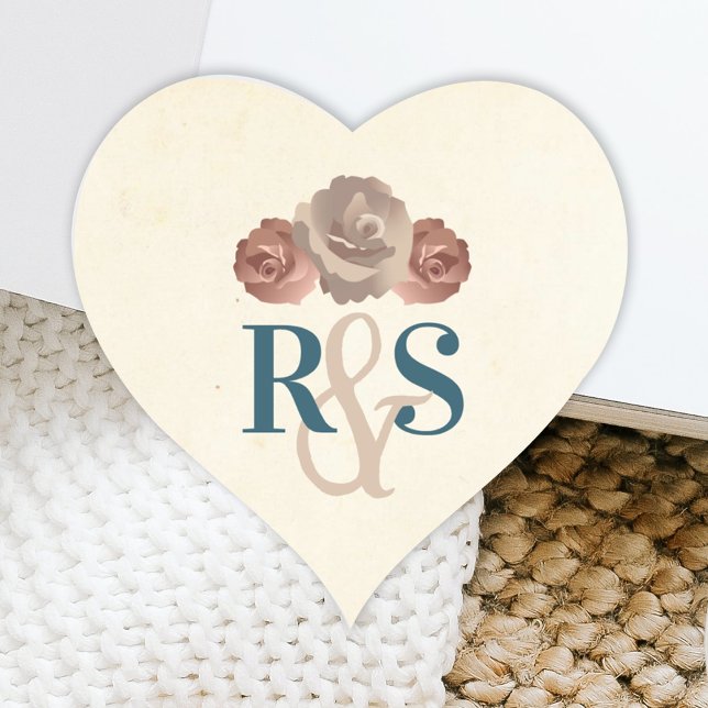 Pegatina cardíaco verde azulado, beige, rosado y p (Blush, Beige Roses Simple Monogram Wedding Heart Sticker, Couple's Initials, Party Favor Sticker)