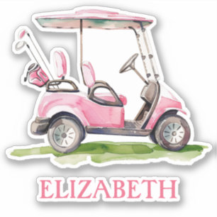 Pegatina Carro de golf rosa preppy personalizado