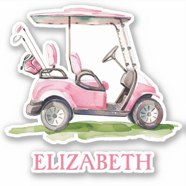 Pegatina Carro de golf rosa preppy personalizado (Anverso)
