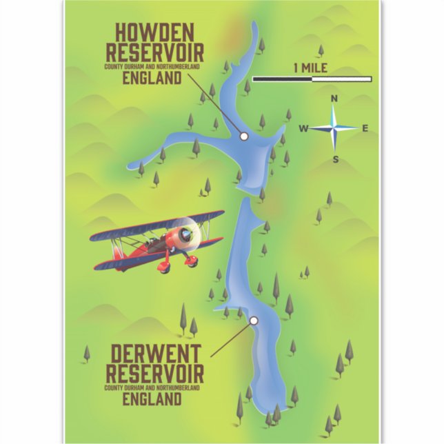 Pegatina cartel del mapa de los embalses de Derwent y Howde (Anverso)