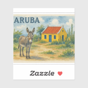 Pegatina Casa cunucu amarilla de Aruba con burro acuarela