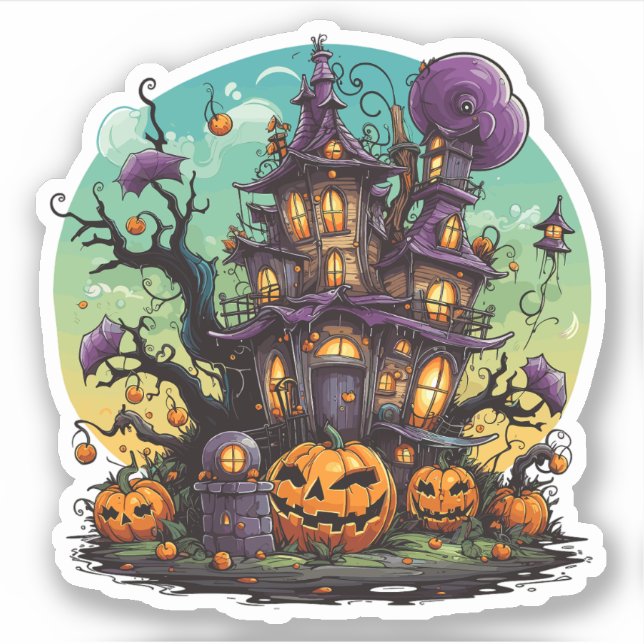 Pegatina Casa de Halloween Purple Whimsical (Anverso)