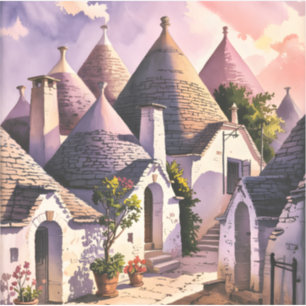 Pegatina Casas Trulli de Alberobello Italia Viaje Acuarela