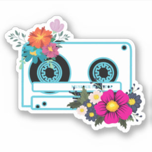 Pegatina Cassette vintage y acuarela floral scrapbook
