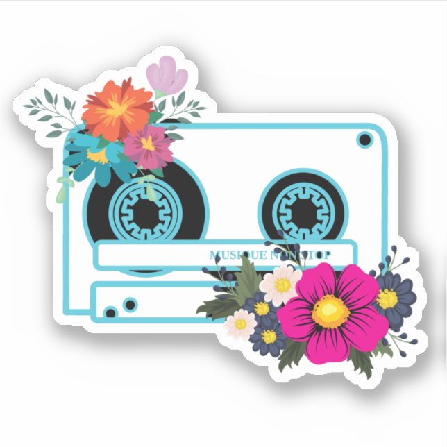 Pegatina Cassette vintage y acuarela floral scrapbook (Anverso)
