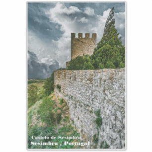 Pegatina Castillo medieval de Sesimbra y muros, Portugal.