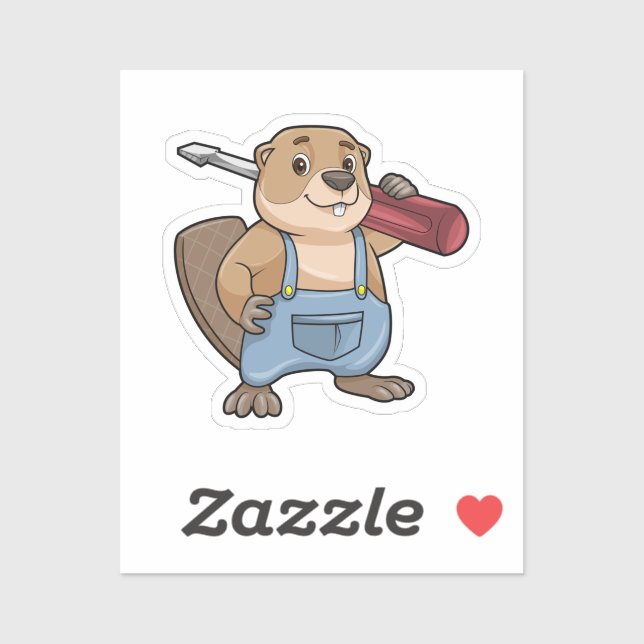 Pegatina Castor como artesano con llave inglesa (Hoja)