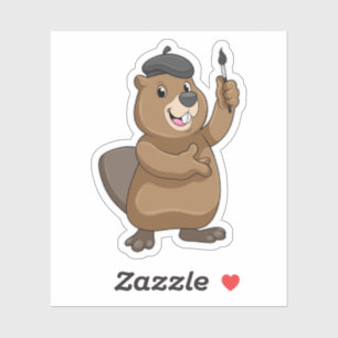 Pegatina castor como pintador con pincel de pintura