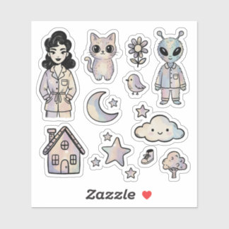 Pegatina Cat Alien Pinup Girl Cool Illustration Sticker Set