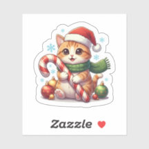 Cat and Candy Cane Cute Christmas Holiday Sticker
