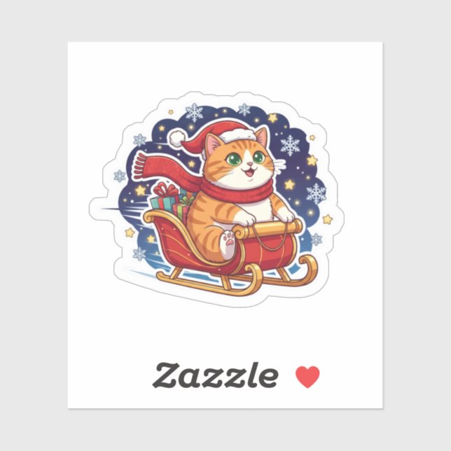 Pegatina Cat Sleigh Ride Cute Christmas Snowy Sky Sticker (Hoja)