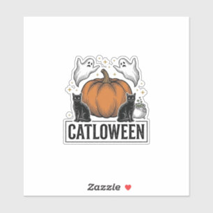 Pegatina Catloween Gato Negro Fantasma Diseño Vectorial de