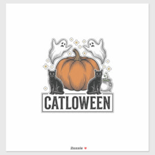 Pegatina Catloween Gato Negro Fantasma Diseño Vectorial de