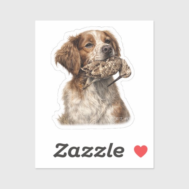 Pegatina Caza con Brittany Spaniel y Chocha (Hoja)
