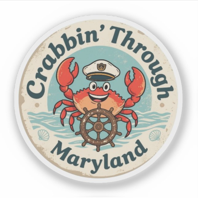 Pegatina Cazar cangrejos por Maryland_ Arte costero vintage (Anverso)