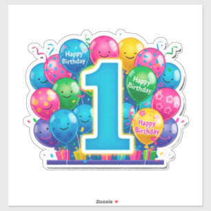 Pegatina Celebración Colorida del 1er Cumpleaños con Globos